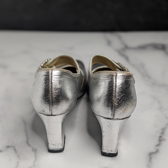 Vintage silver foil leather & rhinestone heels pumps - Picture 3 of 8